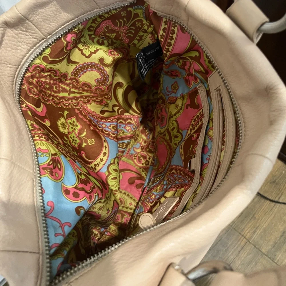 B Makowski Tan‎ Leather Satchel Handbag with Paisley Interior